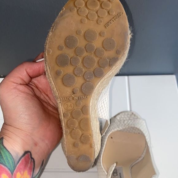 Jimmy Choo White Faux Snakeskin Sling Back Peep Toe Wedge - Picture 7 of 11